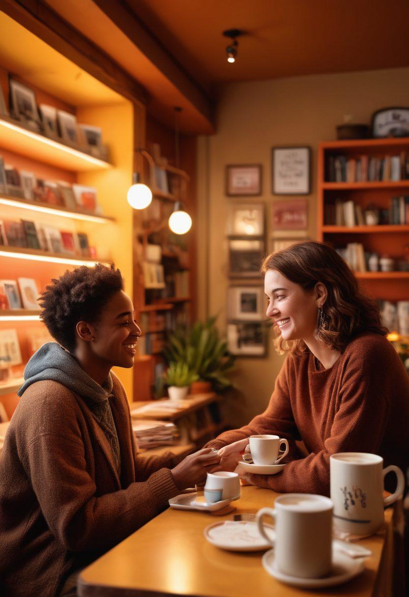 An inviting coffee shop setting with two people having a lively conversation over steaming cups, warm light illuminating their animated expressions. Include vibrant colors in the background with shelves of books and colorful decor, symbolizing knowledge and engagement. A subtle overlay of text bubbles showcasing key communication phrases adds a playful touch. super-realistic. vibrant colors. cozy atmosphere.