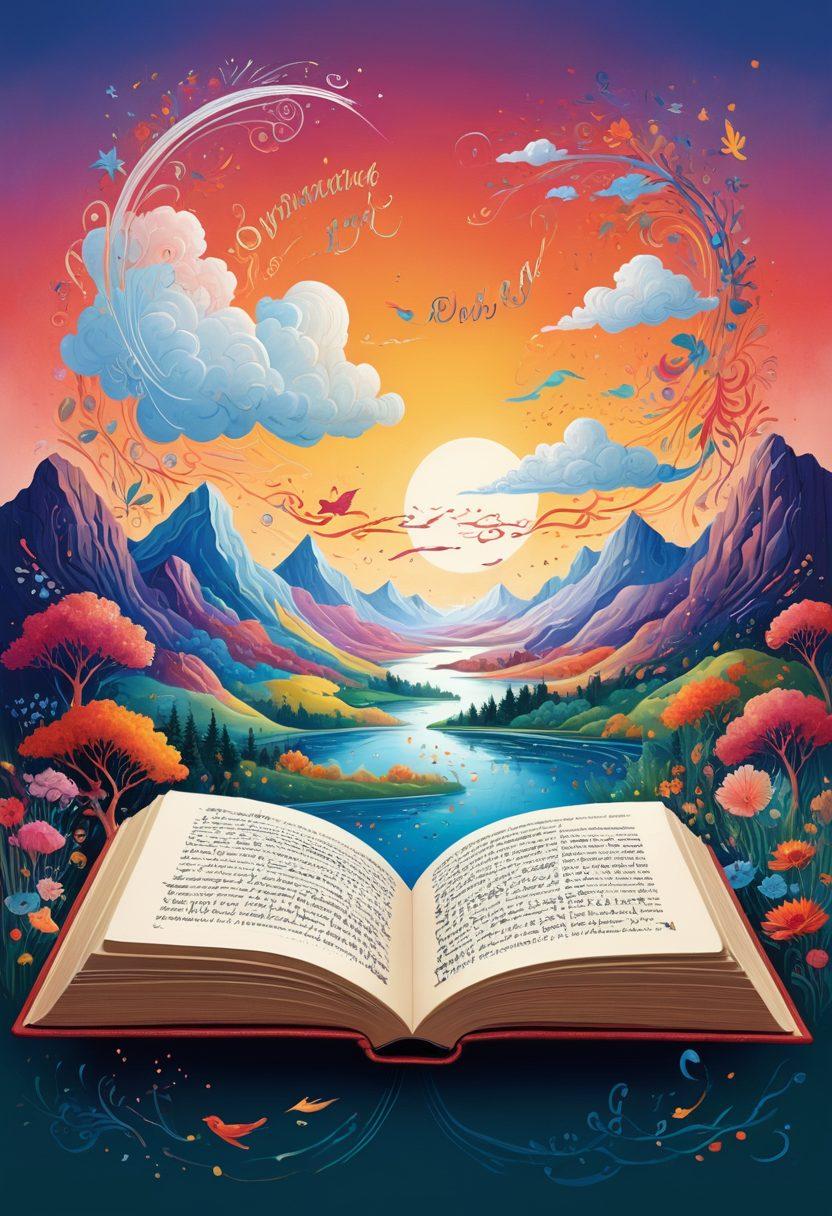 A beautifully stylized book open to reveal colorful pages filled with intricate word designs and abstract illustrations representing phonetics and syntax. Surrounding it, elegant calligraphy words float in the air, intertwining with artful speech bubbles. The background features a dreamy landscape merging elements of literature and art through vibrant colors. soft focus. painting. vibrant colors.