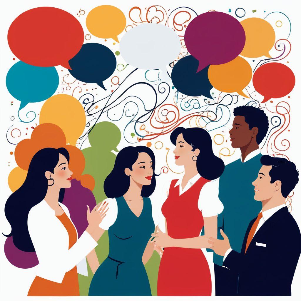 A visually captivating scene of a diverse group of people engaged in animated conversation, surrounded by artistic elements like calligraphy, colorful speech bubbles, and abstract shapes representing ideas flowing between them. The setting features a bright, airy environment that symbolizes open communication, with hints of elegant design. The focus is on the beauty of expressions and gestures, showcasing the joy of charming conversation. vibrant colors. vector art. white background.